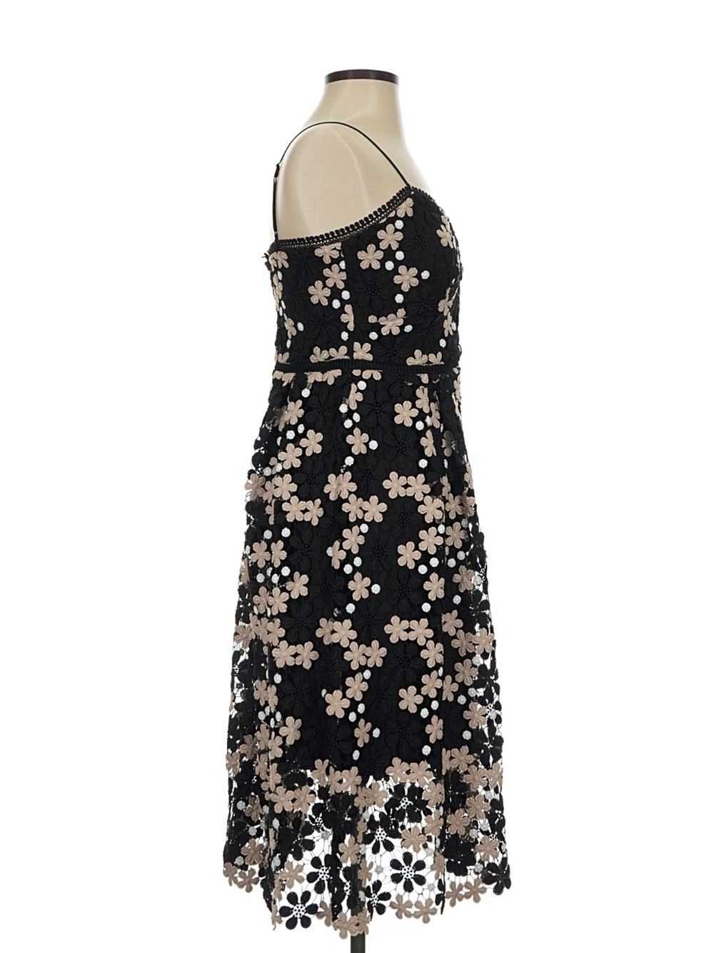 Shoshanna Black Floral Appliqué Midi Dress with Beige Flowers - Sz 4